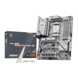 MSI MAG B850 Gaming Plus Max WiFi Blanc, carte mère avec boîte: vue de face, slots PCIe, socket AM5 et dissipateurs blancs à