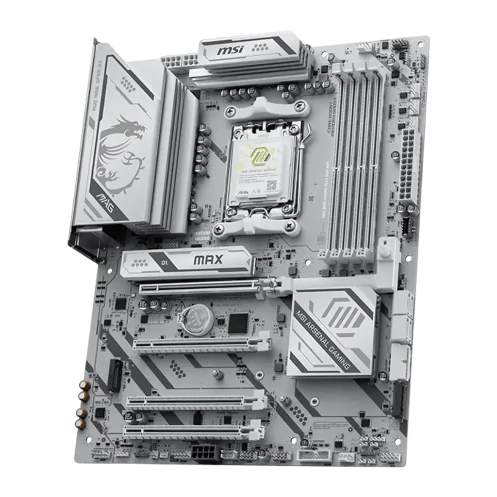 MSI MAG B850 Gaming Plus Max WiFi Blanc, carte mère avec boîte: vue de face, slots PCIe, socket AM5 et dissipateurs blancs à - Ítem2