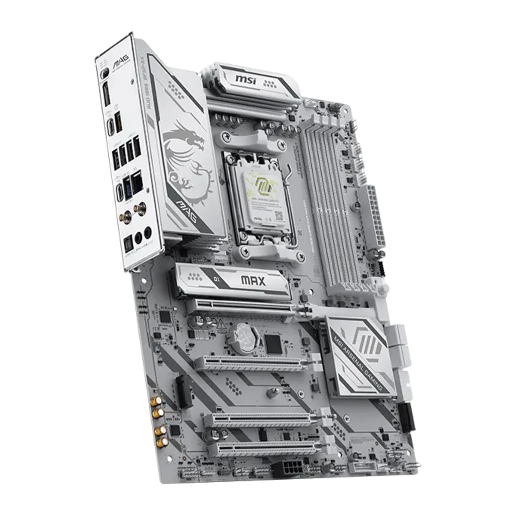 MSI MAG B850 Gaming Plus Max WiFi Blanc, carte mère avec boîte: vue de face, slots PCIe, socket AM5 et dissipateurs blancs à - Ítem3