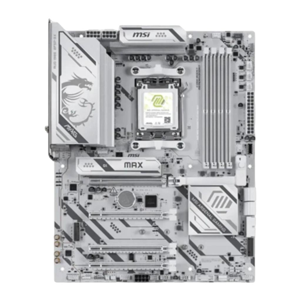 MSI MAG B850 Gaming Plus Max WiFi Blanc, carte mère avec boîte: vue de face, slots PCIe, socket AM5 et dissipateurs blancs à - Ítem1