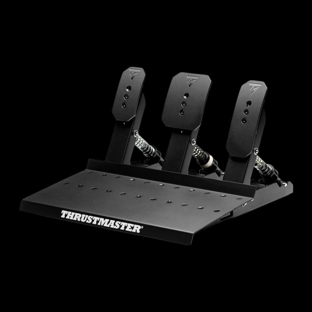 Thrustmaster Raceline Pedals III noir, vue diagonale: trois pédales métalliques avec ressorts visibles et base avec logo