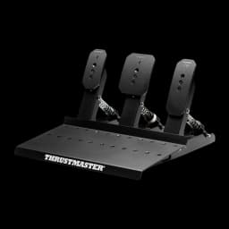 Thrustmaster Raceline Pedals III noir, vue diagonale: trois pédales métalliques avec ressorts visibles et base avec logo