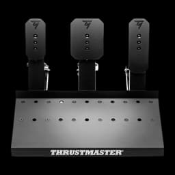 Thrustmaster Raceline Pedals III noir, vue de face: trois pédales alignées, base perforée et logo Thrustmaster centré