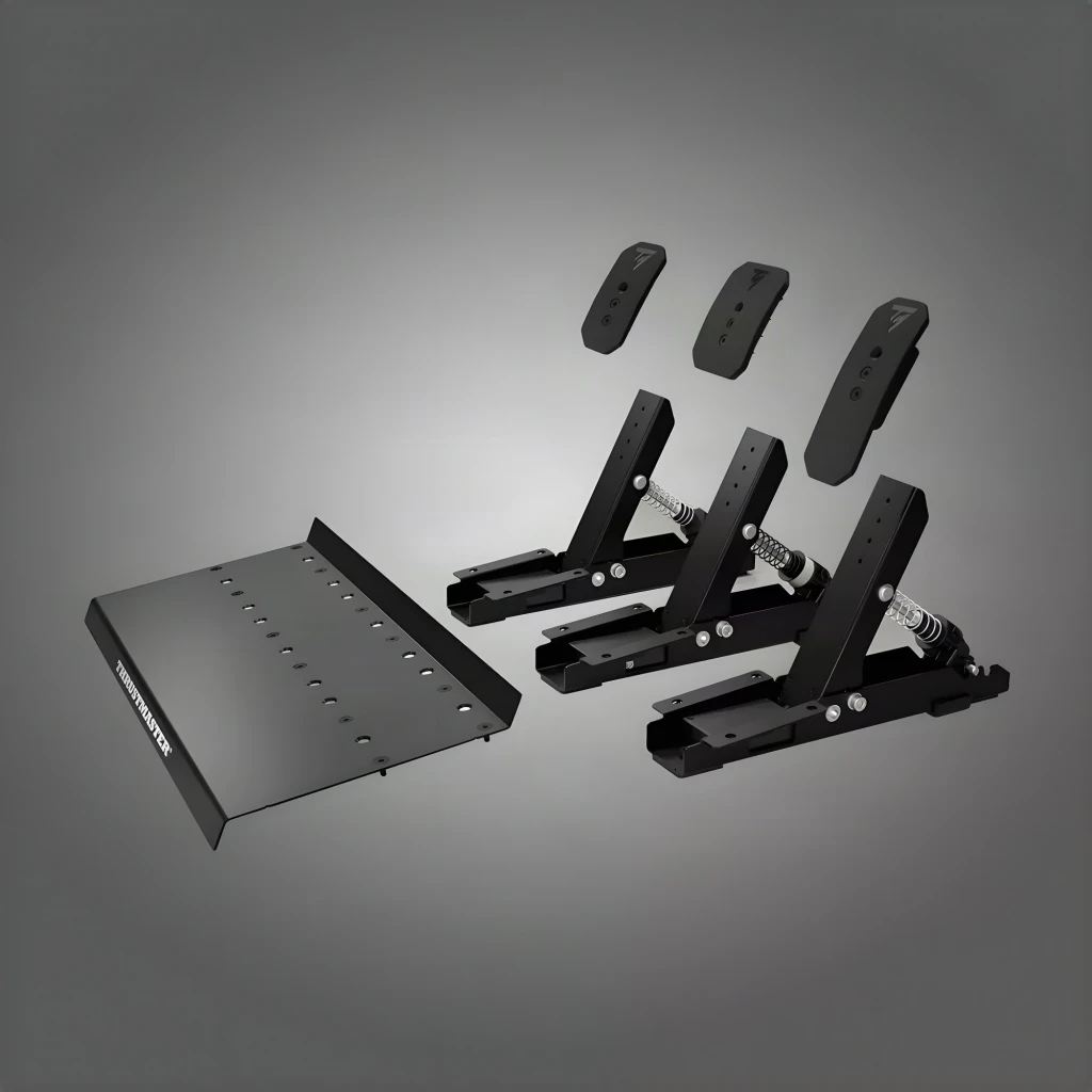 Thrustmaster Raceline Pedals III noir, vue diagonale: trois pédales métalliques avec ressorts visibles et base avec logo - Ítem3