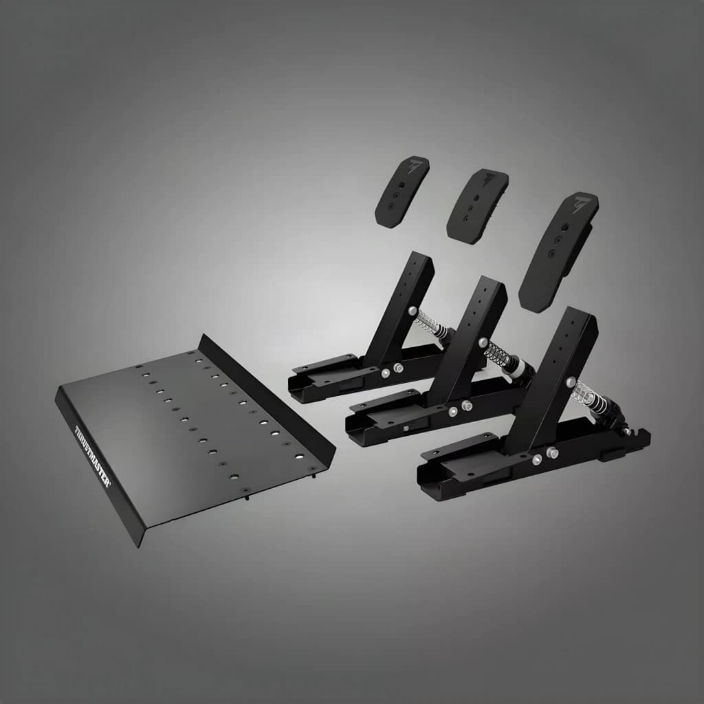 Thrustmaster Raceline Pedals III noir, vue éclatée: platine métallique séparée, 3 pédales démontées avec ressorts