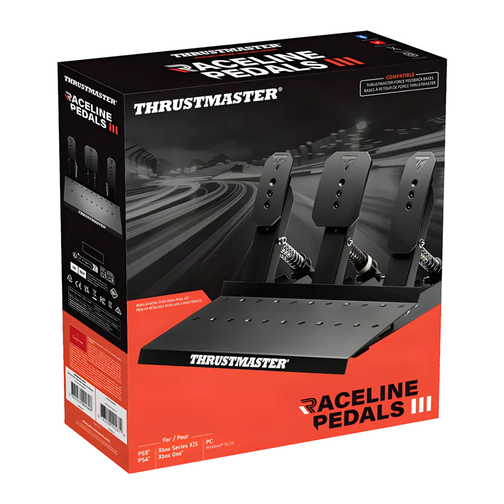 Thrustmaster Raceline Pedals III noir, vue diagonale: trois pédales métalliques avec ressorts visibles et base avec logo - Ítem4