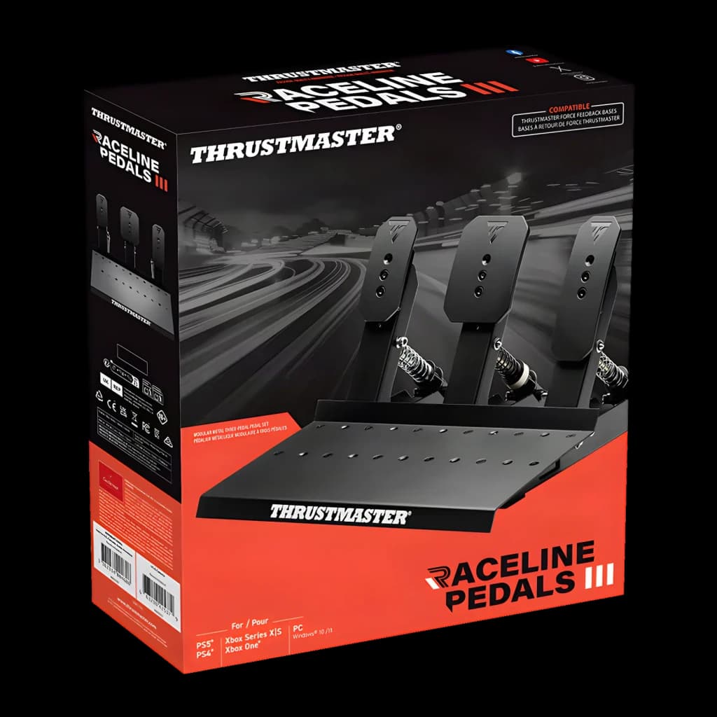 Thrustmaster Raceline Pedals III Noir, boîte: packaging avant avec image du produit et compatibilités PS5 Xbox PC