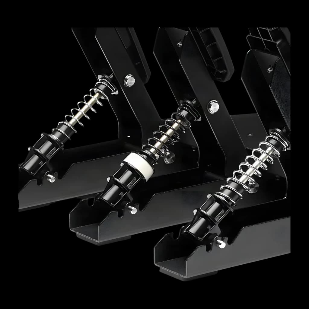 Thrustmaster Raceline Pedals III noir, vue latérale: ressorts et amortisseurs métalliques des trois pédales en gros plan