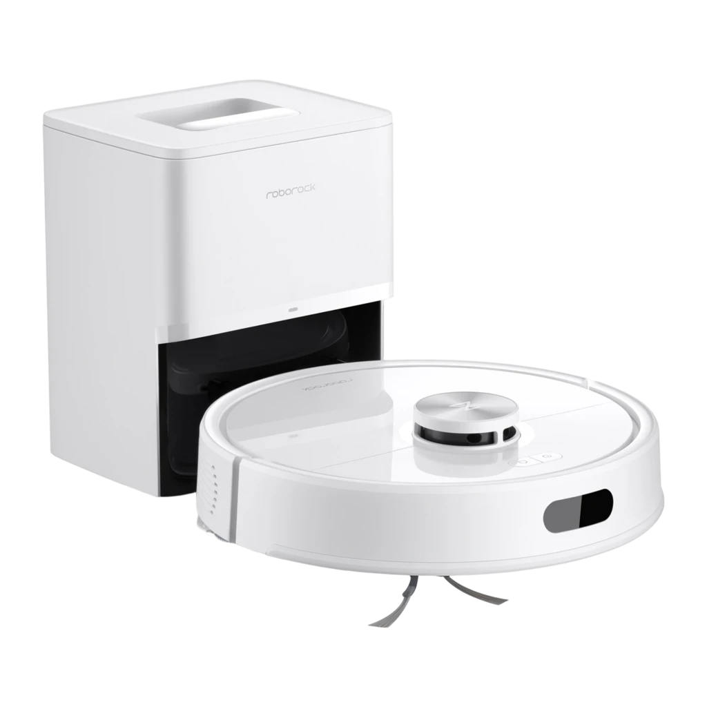 Roborock Q7 TF+ blanco, kit con base de vaciado automático: robot separado de la estación, vista lateral derecha en ángulo