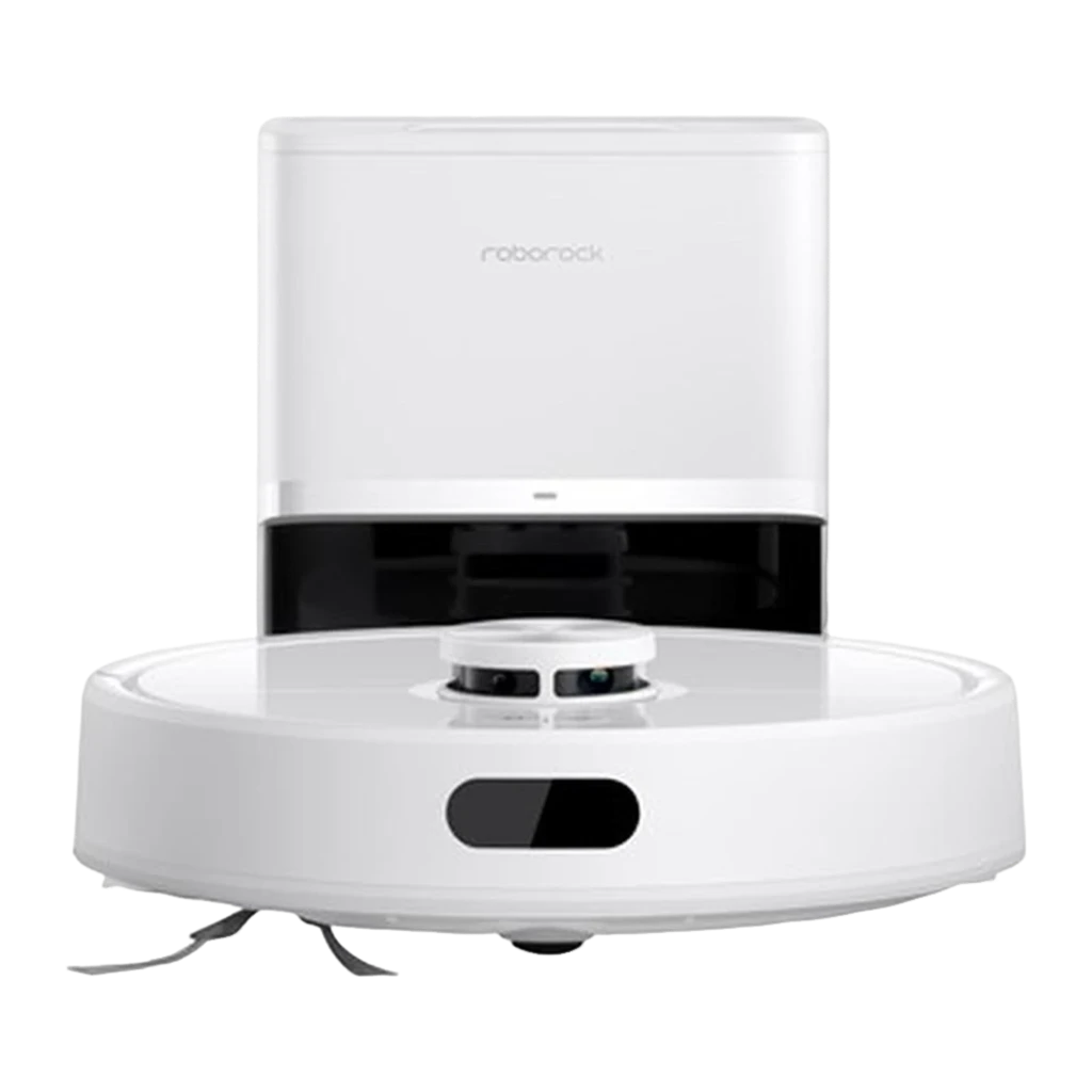 Roborock Q7 TF+ blanco, kit con base de vaciado automático: vista frontal centrada, sensor LiDAR y panel frontal del robot