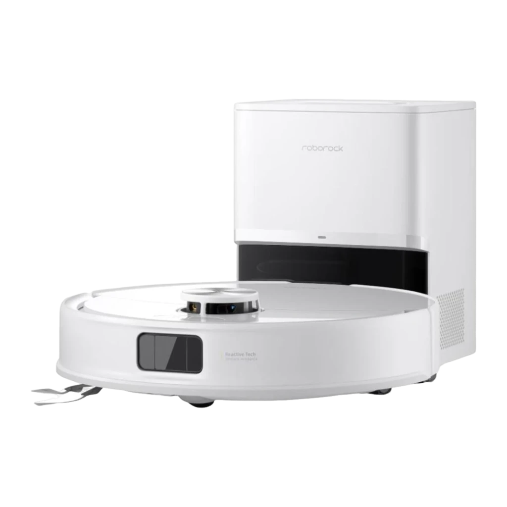 Roborock Q7 TF+ blanco, kit con base de vaciado automático: vista lateral izquierda en ángulo, sensor frontal y rejilla