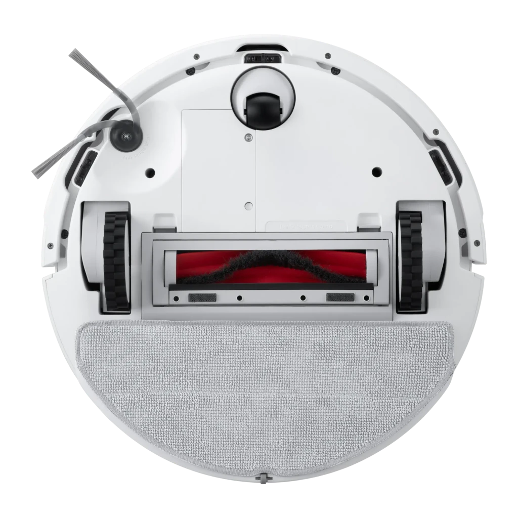 Roborock Q7 TF+ blanco, vista inferior: cepillo principal rojo, ruedas, mopa textil semicircular y cepillo lateral