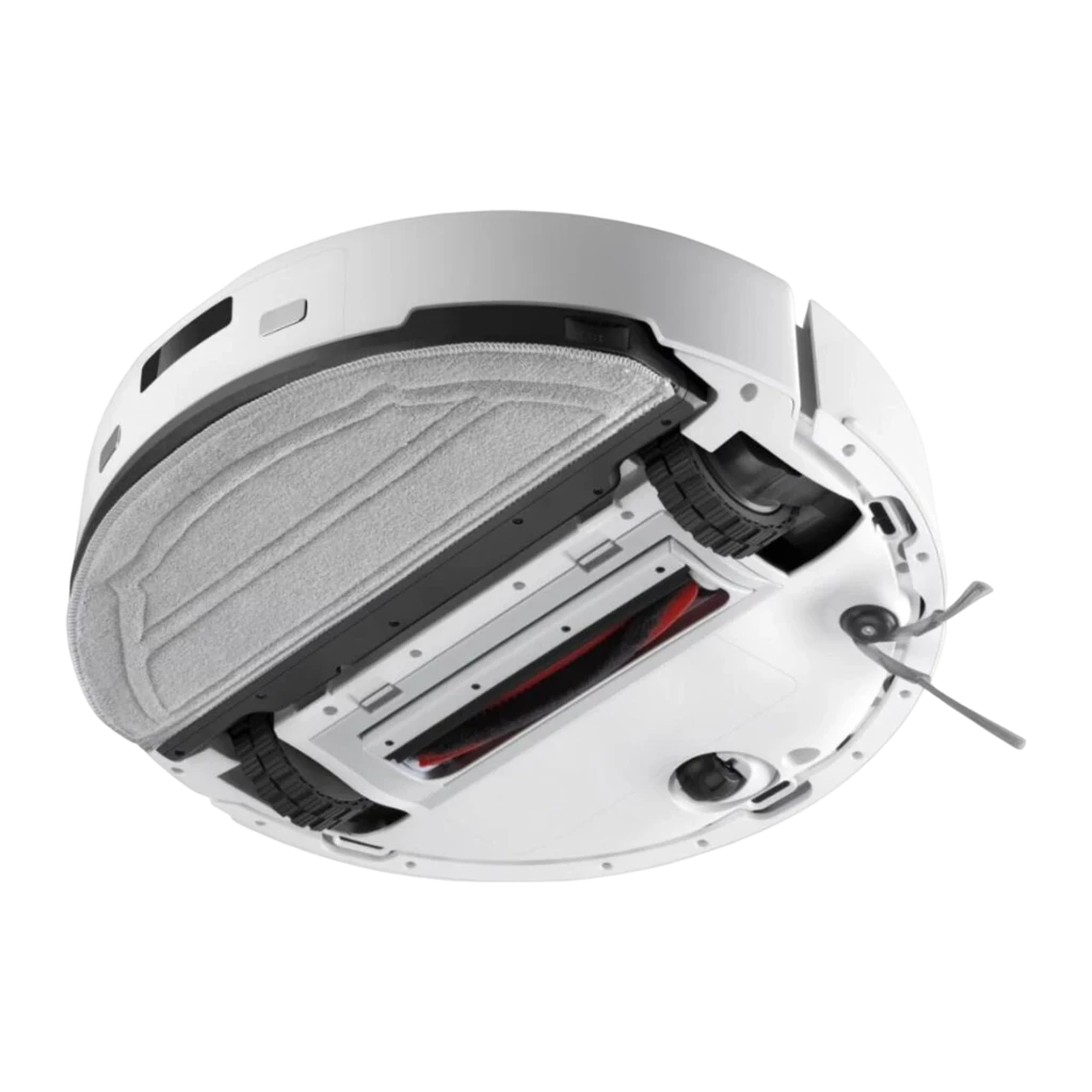 Roborock Q7 TF+ blanco, vista inferior en ángulo: mopa levantada mostrando cepillo principal rojo, ruedas y cepillo lateral