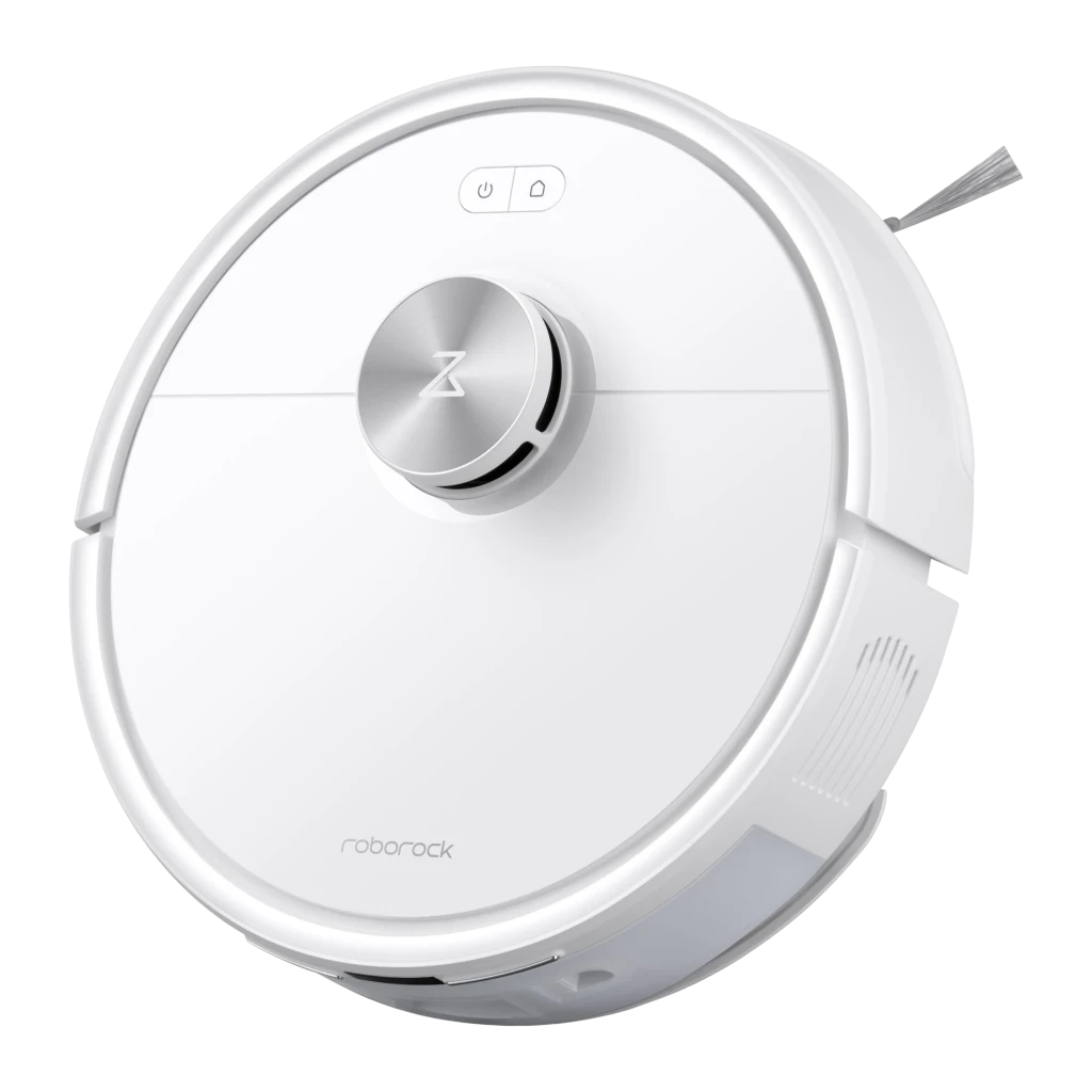 Roborock Q7 TF+ blanco, vista superior en ángulo: sensor LiDAR plateado, botones y cepillo lateral visibles