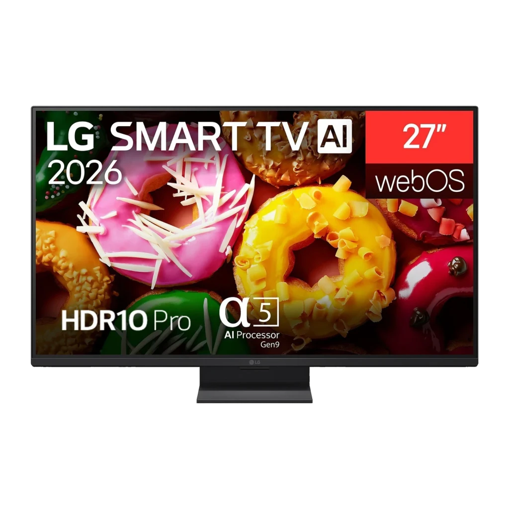LG 27LB70006LA 27 pulgadas negro, vista frontal: pantalla Full HD con webOS, HDR10 Pro y soporte central negro
