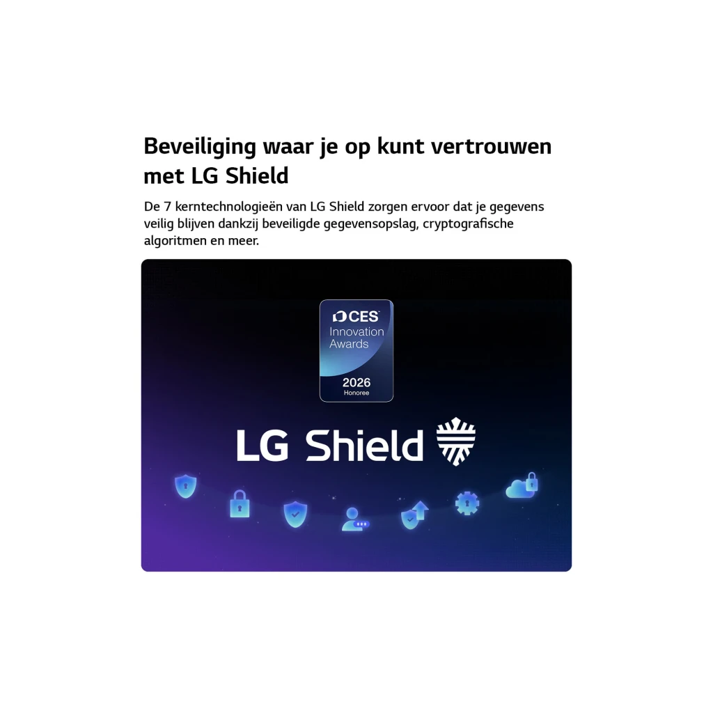 LG Televisor 27LB70006LA 27 pulgadas negro, detalle: infografía LG Shield con iconos de seguridad y sello CES Innovation
