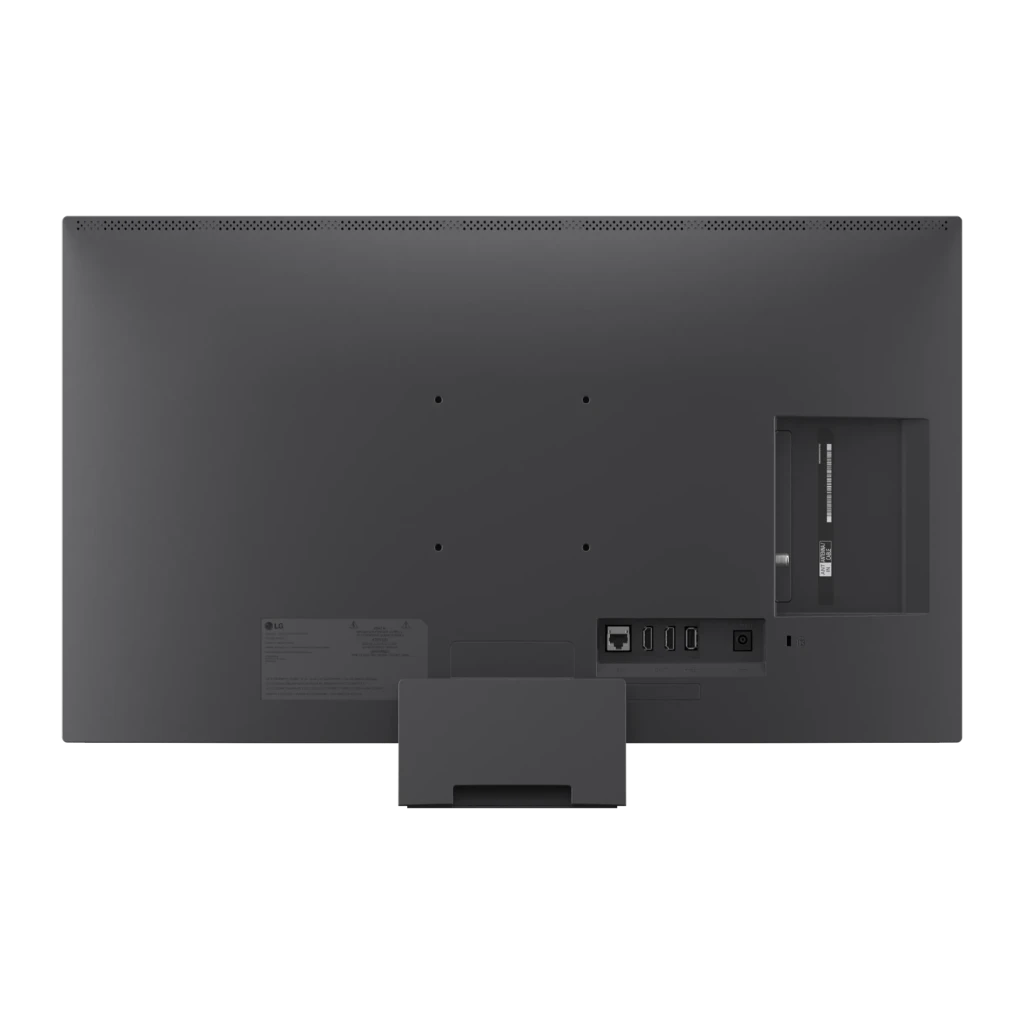 LG 27LB70006LA 27 pulgadas negro, vista trasera: panel posterior con puertos HDMI, ethernet, soporte central y rejillas