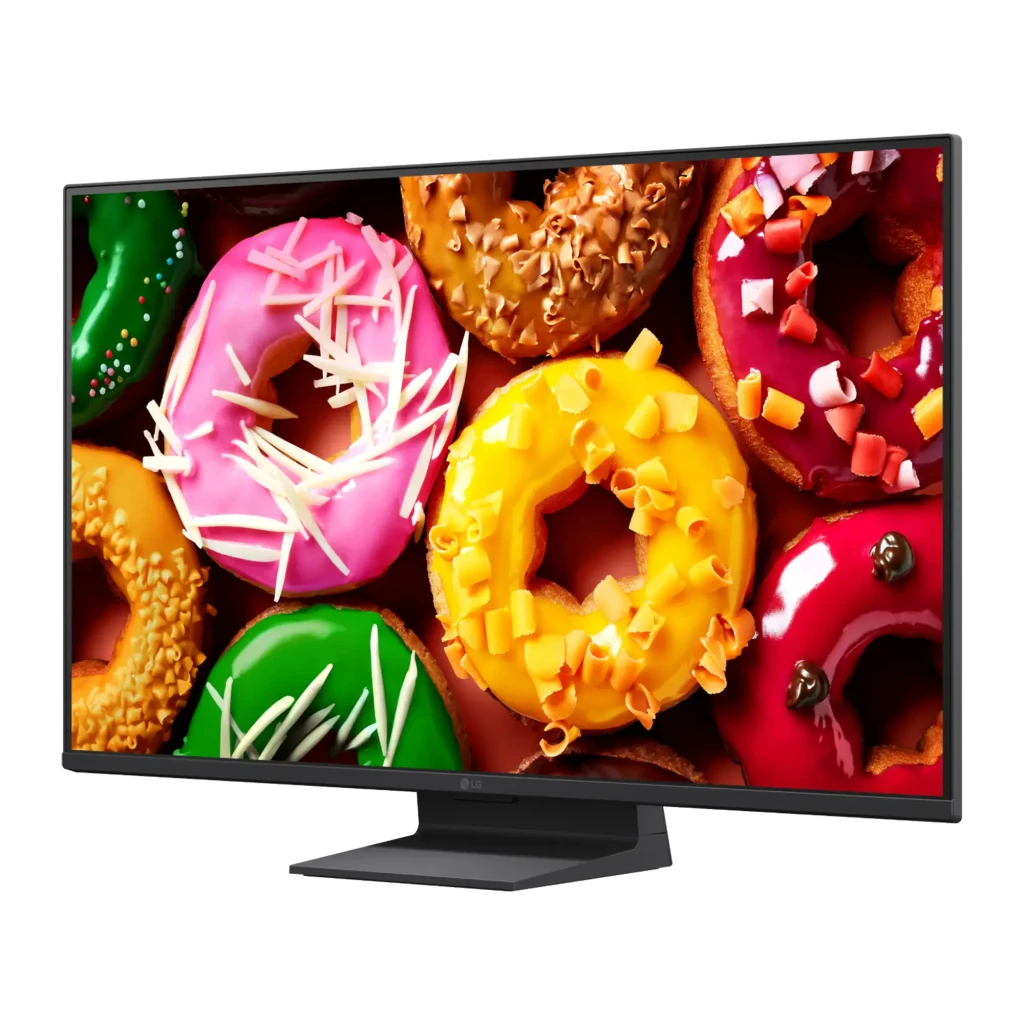 LG Televisor 27LB70006LA 27 pulgadas negro, vista lateral: pantalla Full HD con donuts coloridos y marco fino negro