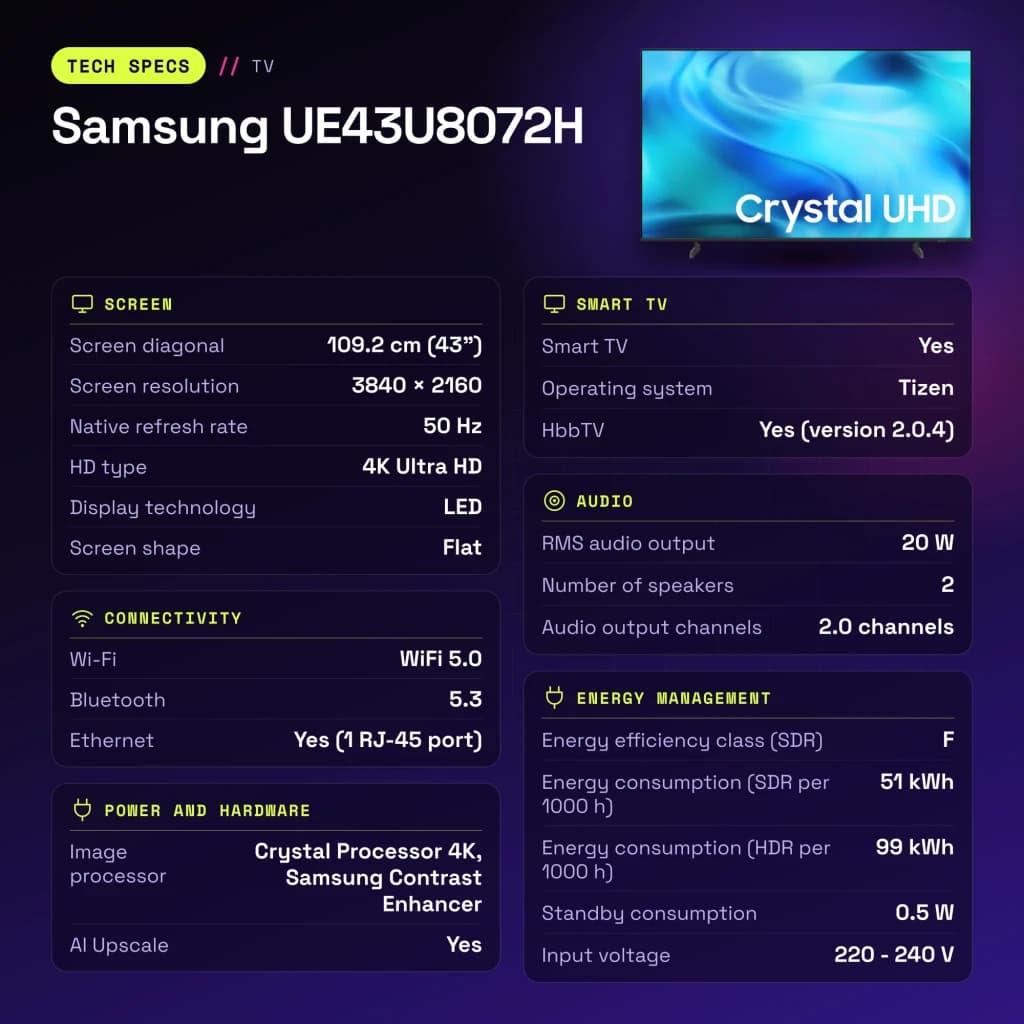TV Samsung 43 pulgadas LED 4K UHD Tizen Negro UE43U8072H - características
