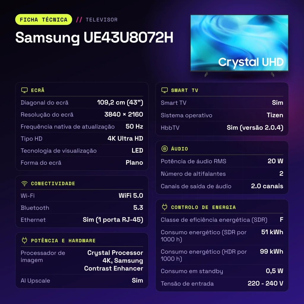 TV Samsung 43 pulgadas LED 4K UHD Tizen Negro UE43U8072H - características
