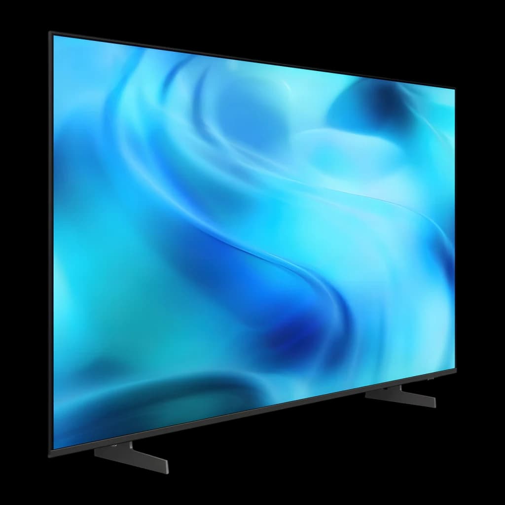 TV Samsung 43 pulgadas LED 4K UHD Tizen Negro UE43U8072H, vista lateral: pantalla encendida con imagen azul y marco fino