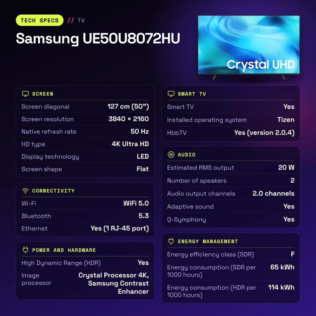 TV Samsung 50 polegadas LED 4K Tizen Preto UE50U8072HU - características