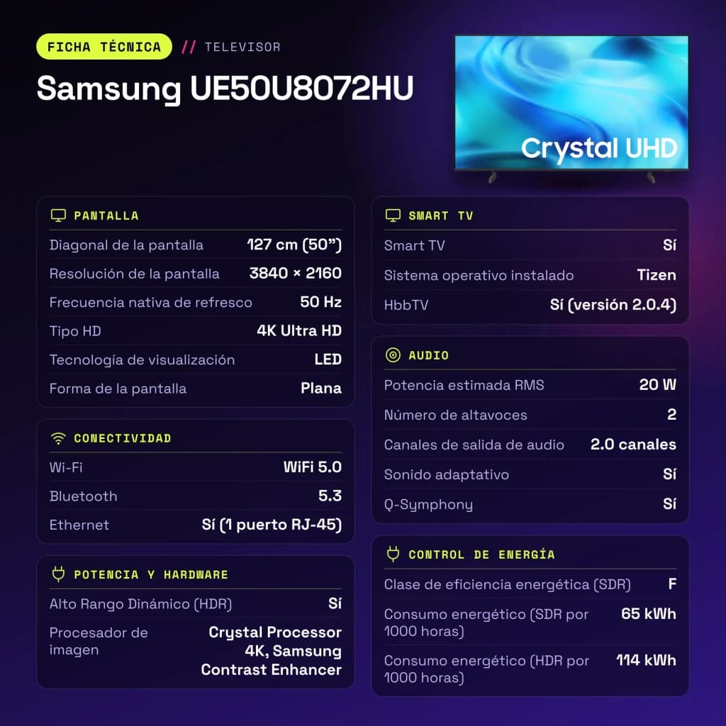 TV Samsung 50 polegadas LED 4K Tizen Preto UE50U8072HU - características