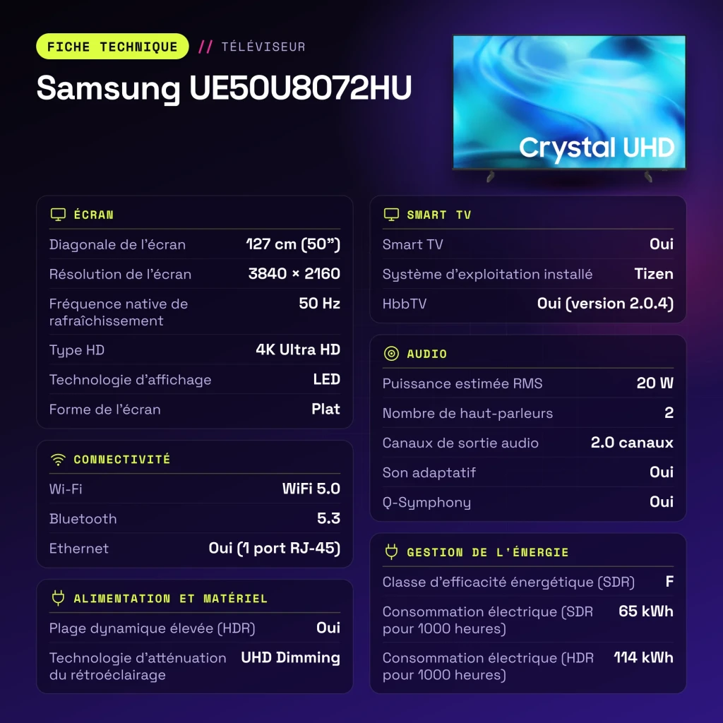 TV Samsung 50 polegadas LED 4K Tizen Preto UE50U8072HU - características