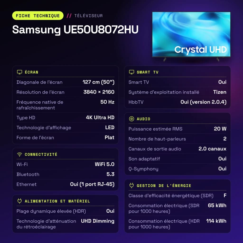 TV Samsung 50 polegadas LED 4K Tizen Preto UE50U8072HU - características
