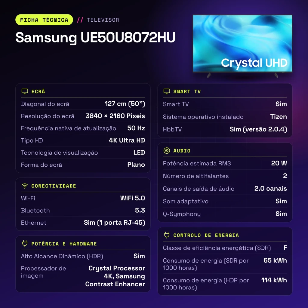 TV Samsung 50 polegadas LED 4K Tizen Preto UE50U8072HU - características