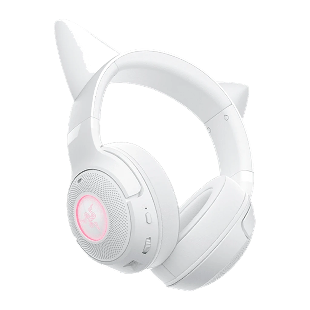 Razer Kraken Kitty V2 BT Blanc, vue en angle: oreilles de chat avec éclairage rose et logo Razer sur l'oreillette - Ítem1