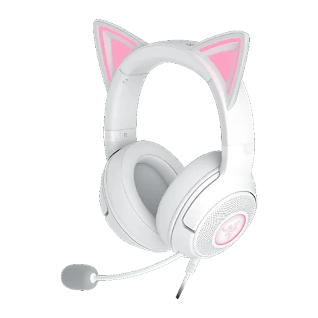 Razer Kraken Kitty V2 BT Blanc, vue en angle: oreilles de chat avec éclairage rose et logo Razer sur l'oreillette - Ítem2