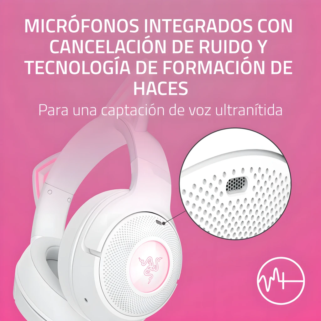 Razer Kraken Kitty V2 BT Blanc, vue en angle: oreilles de chat avec éclairage rose et logo Razer sur l'oreillette - Ítem3