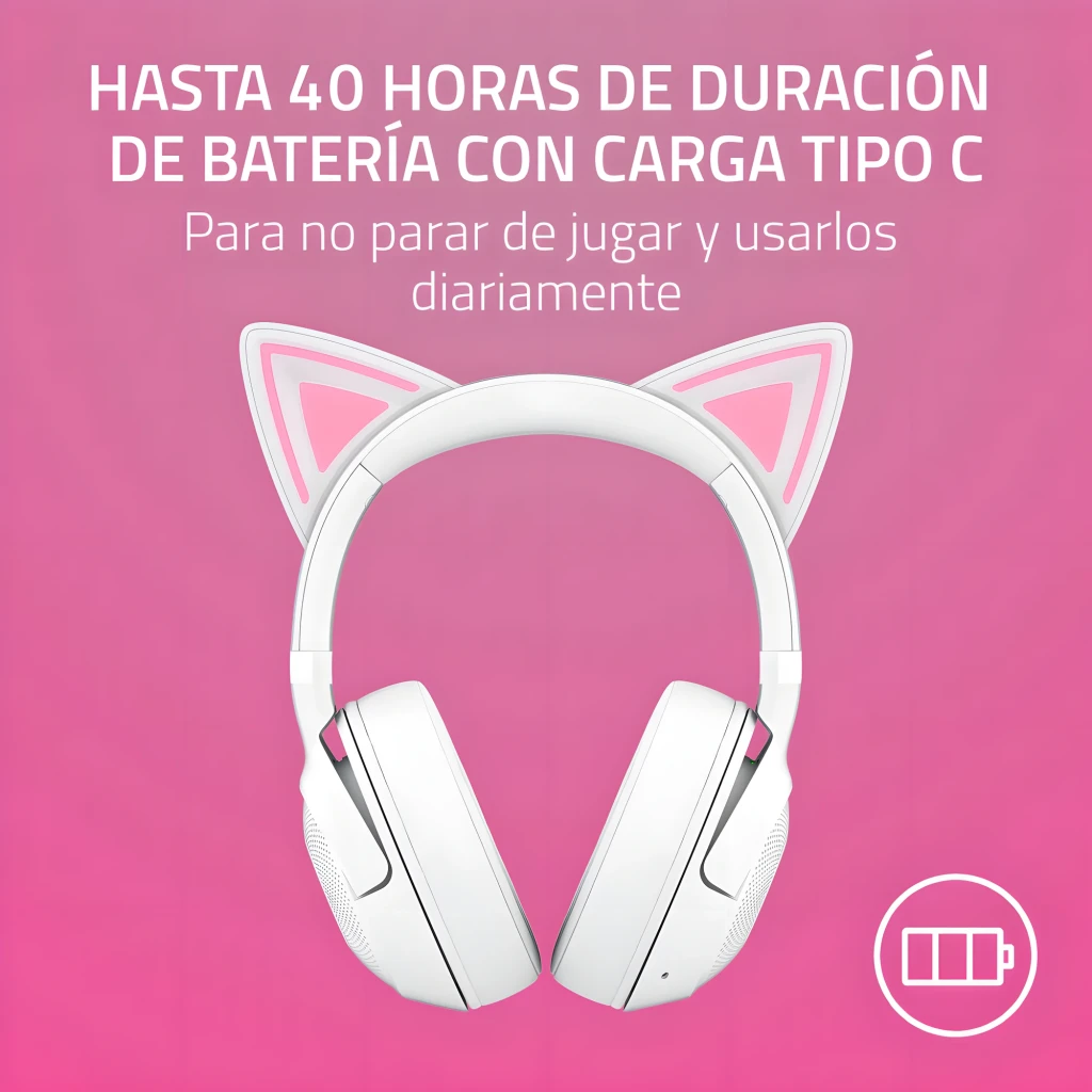 Razer Kraken Kitty V2 BT Blanc, vue en angle: oreilles de chat avec éclairage rose et logo Razer sur l'oreillette - Ítem4