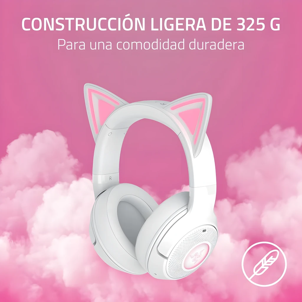 Razer Kraken Kitty V2 BT Blanc, vue en angle: oreilles de chat avec éclairage rose et logo Razer sur l'oreillette - Ítem5