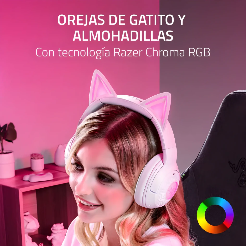 Razer Kraken Kitty V2 BT Blanc, vue en angle: oreilles de chat avec éclairage rose et logo Razer sur l'oreillette - Ítem6