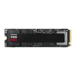 Samsung SSD 9100 Pro NVMe M.2 8TB preto, vista frontal: PCB preto com etiqueta central e conector dourado M.2
