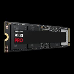 Samsung SSD 9100 Pro NVMe M.2 8TB preto, perspectiva superior: etiqueta 9100 PRO em destaque e extremidade esquerda do PCB