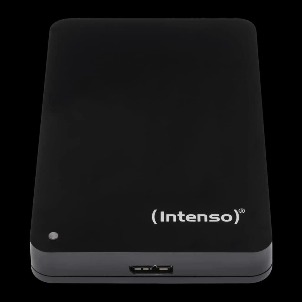 Intenso Memory Drive 1TB preto, vista frontal: superfície mate, logo, LED indicador e porta USB na borda inferior