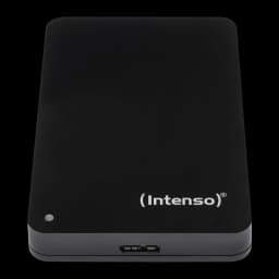 Intenso Memory Drive 1TB preto, vista frontal: superfície mate, logo, LED indicador e porta USB na borda inferior