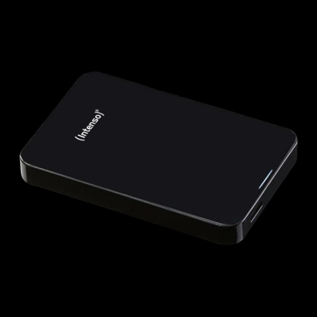 Intenso Memory Drive 1TB preto, vista em perspectiva: acabamento brilhante, logo na tampa e porta USB lateral visível