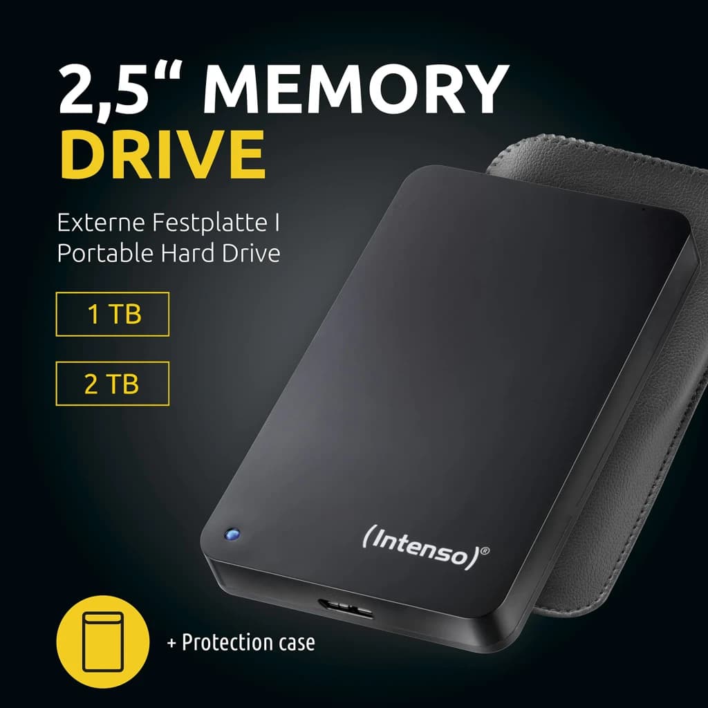 Intenso Memory Drive 1TB preto, vista frontal: disco com LED azul, capa protetora de couro e texto 2,5"