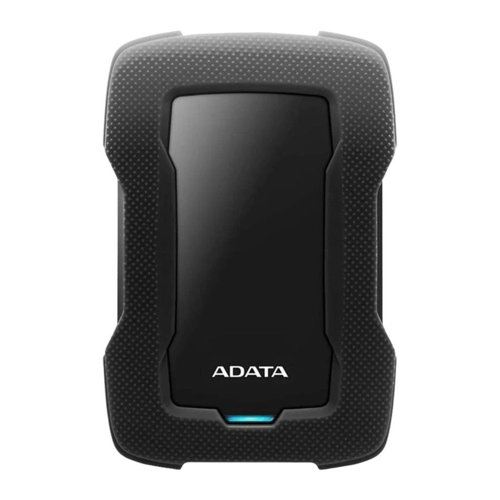 ADATA HD330 2TB noir, vue de face: coque robuste avec panneau brillant central et LED bleue en bas