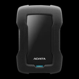 ADATA HD330 2TB noir, vue de face: coque robuste avec panneau brillant central et LED bleue en bas