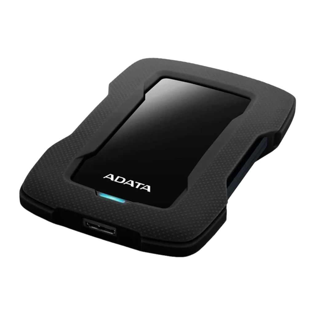 ADATA HD330 2TB noir, vue de face: coque robuste avec panneau brillant central et LED bleue en bas - Ítem1