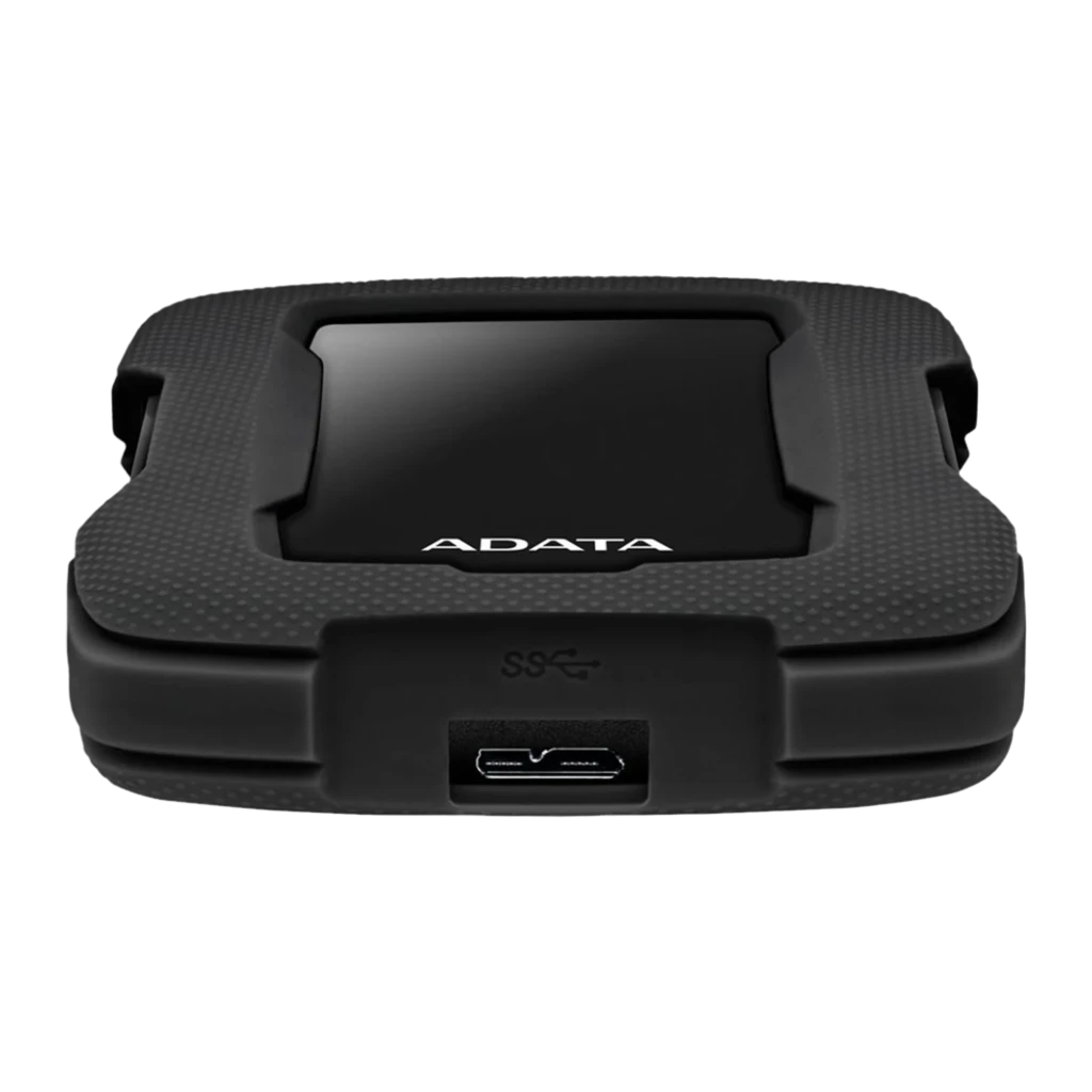 ADATA HD330 2TB noir, vue de face: coque robuste avec panneau brillant central et LED bleue en bas - Ítem2