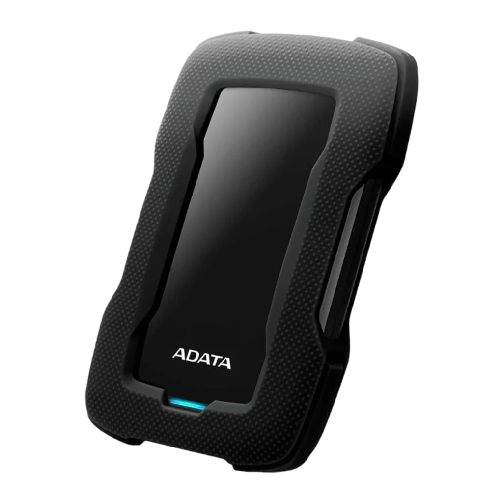 ADATA HD330 2TB noir, vue de face: coque robuste avec panneau brillant central et LED bleue en bas - Ítem3