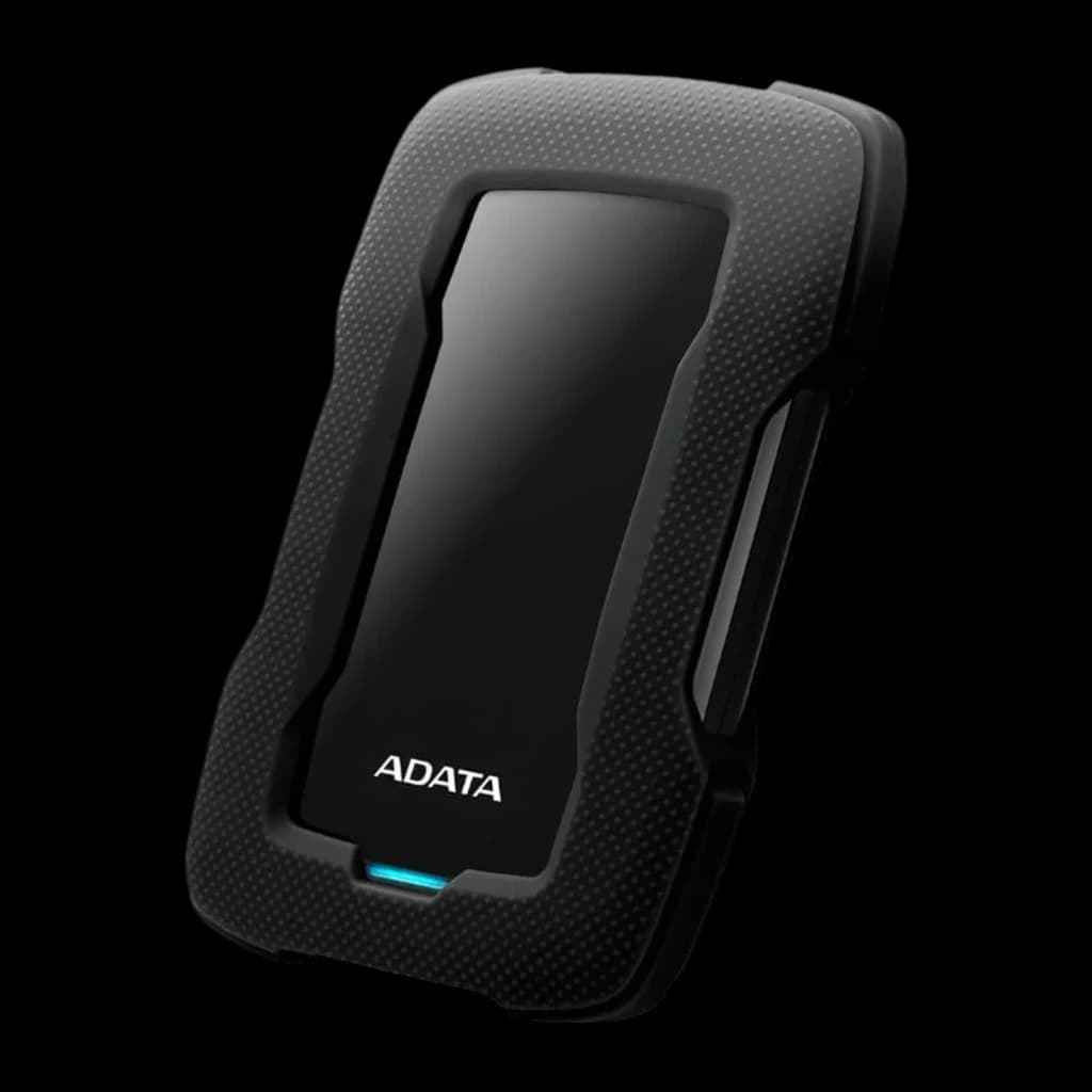 ADATA HD330 2TB noir, angle latéral droit: profil vertical avec LED bleue et bords renforcés