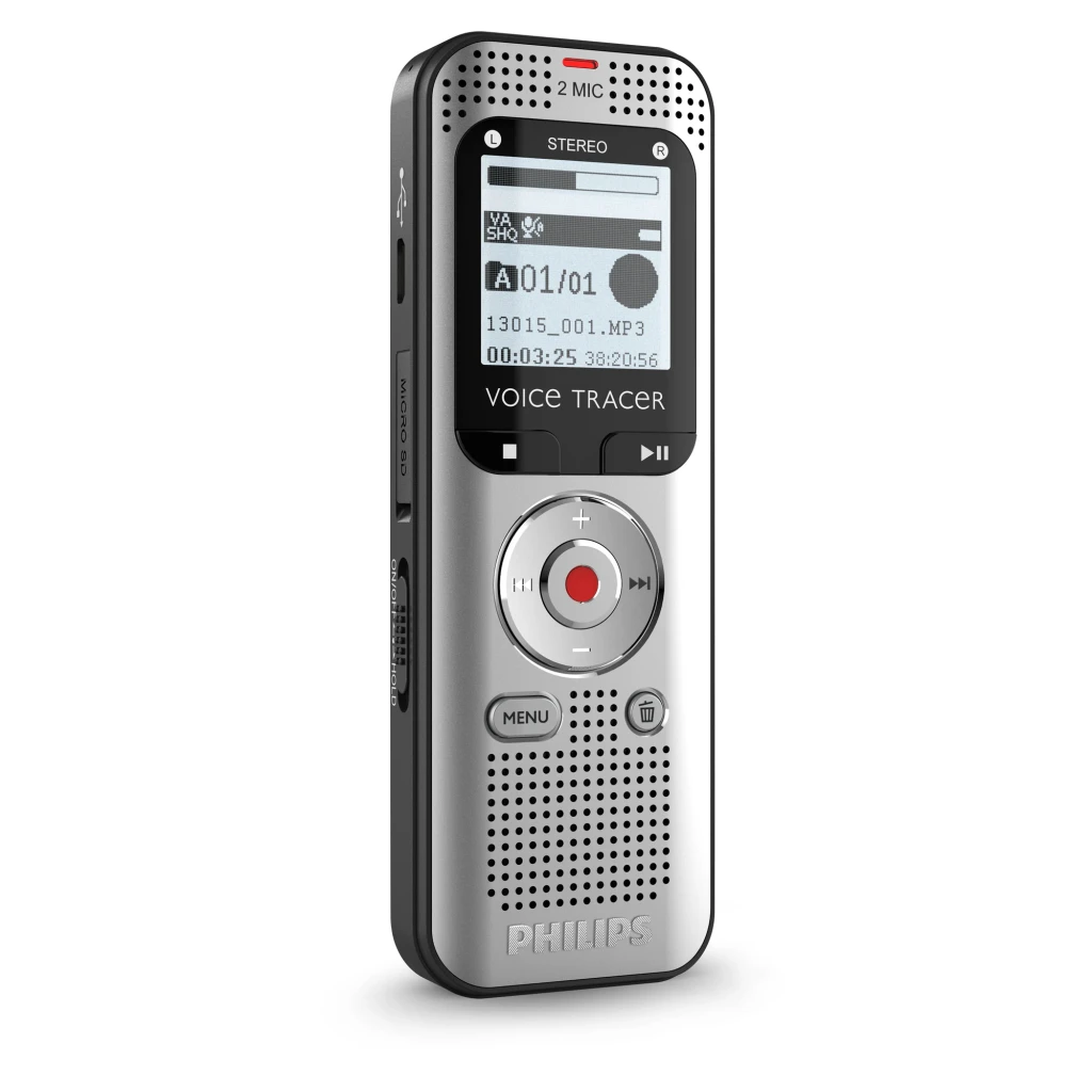 Philips VoiceTracer DVT2015 8GB prata, kit frontal: gravador com ecrã LCD, botão MENU visível e auriculares incluídos - Item2