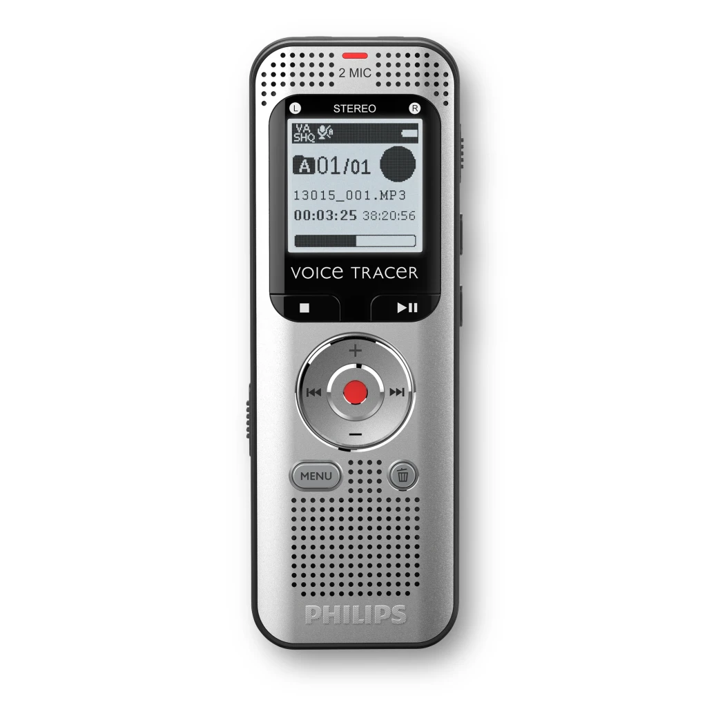 Philips VoiceTracer DVT2015 8GB prata, kit frontal: gravador com ecrã LCD, botão MENU visível e auriculares incluídos - Item1